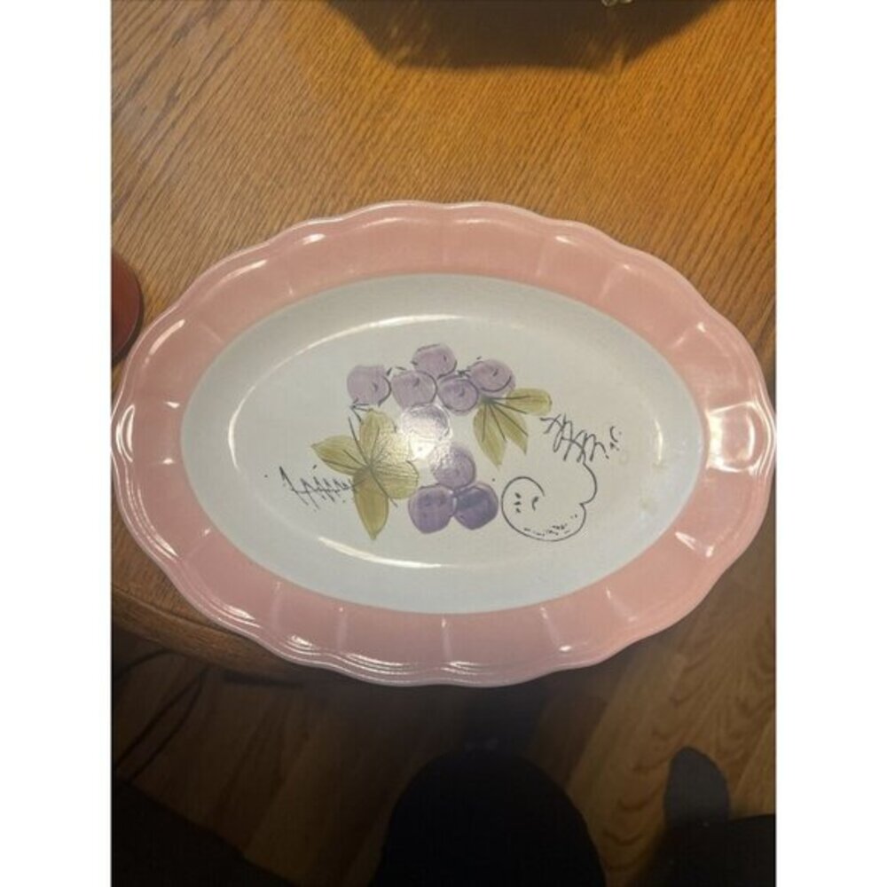 Vtg Corona Ironstone Ware Sm Platter Pink‎ Border w Grape Clusters 10.5" #10491